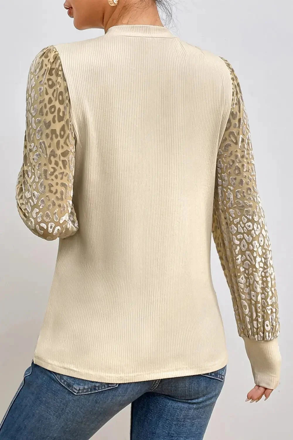 Leopard Print Long Sleeve Ribbed Knit Blouse - VILLA FASHION