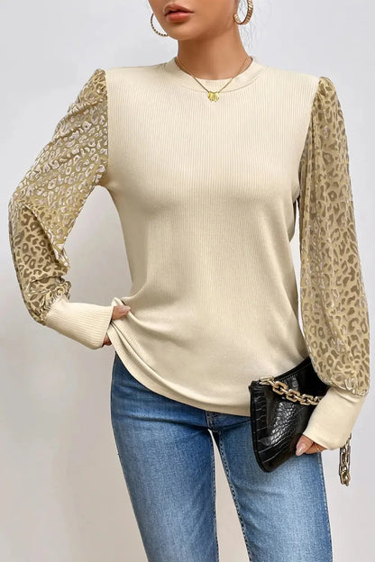 Leopard Print Long Sleeve Ribbed Knit Blouse - VILLA FASHION