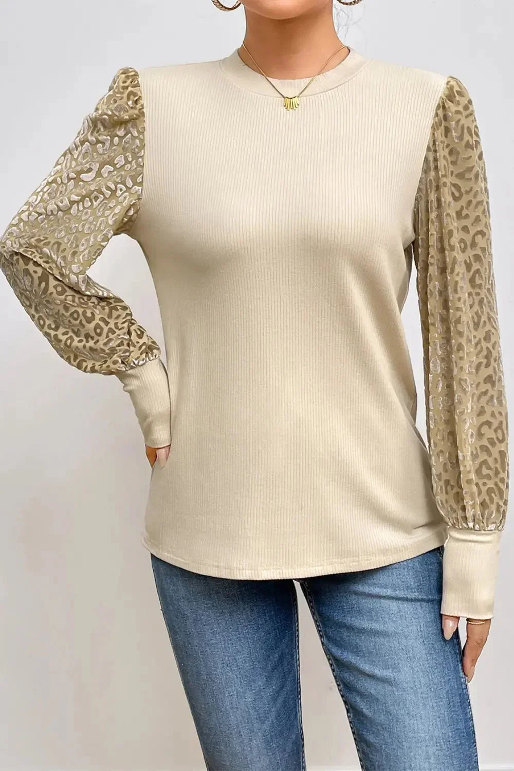 Leopard Print Long Sleeve Ribbed Knit Blouse - VILLA FASHION