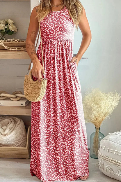 Leopard Round Neck Sleeveless Maxi Dress - VILLA FASHION