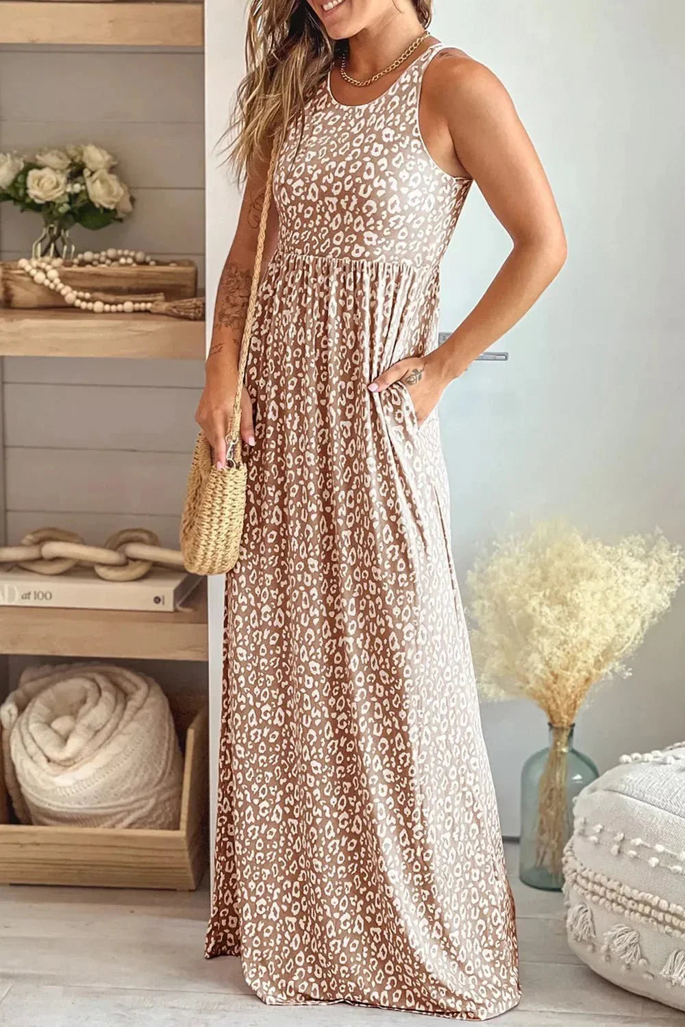 Leopard Round Neck Sleeveless Maxi Dress - VILLA FASHION