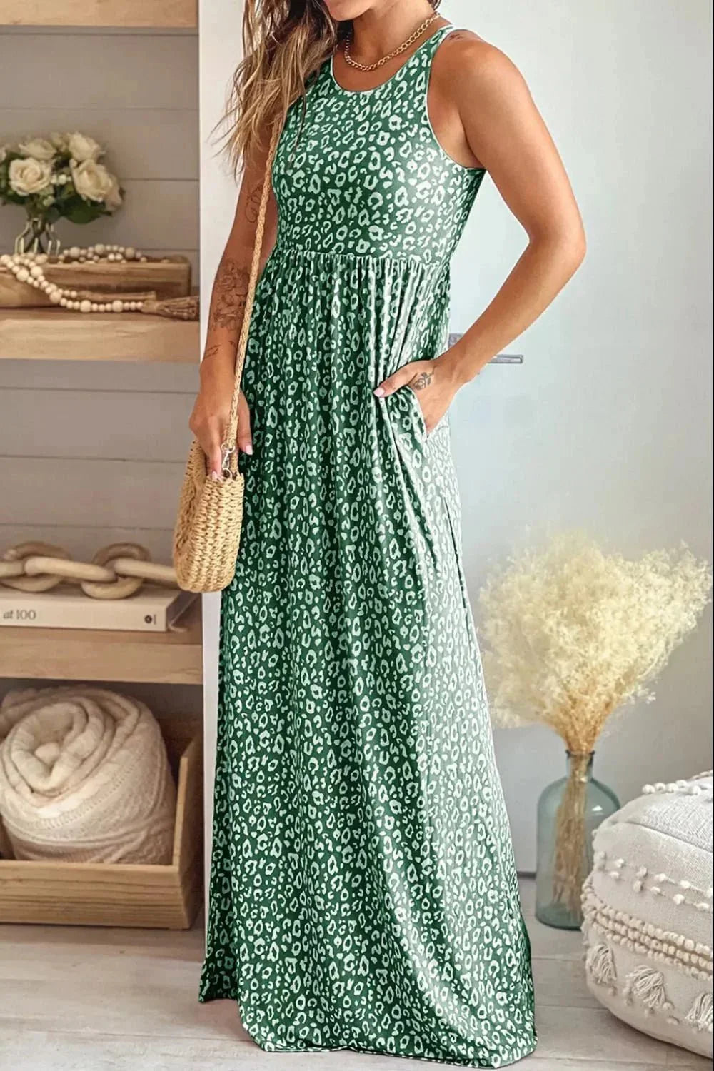 Leopard Round Neck Sleeveless Maxi Dress - VILLA FASHION