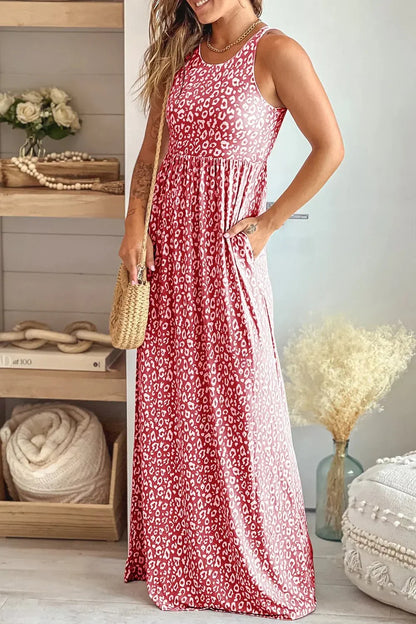 Leopard Round Neck Sleeveless Maxi Dress - VILLA FASHION