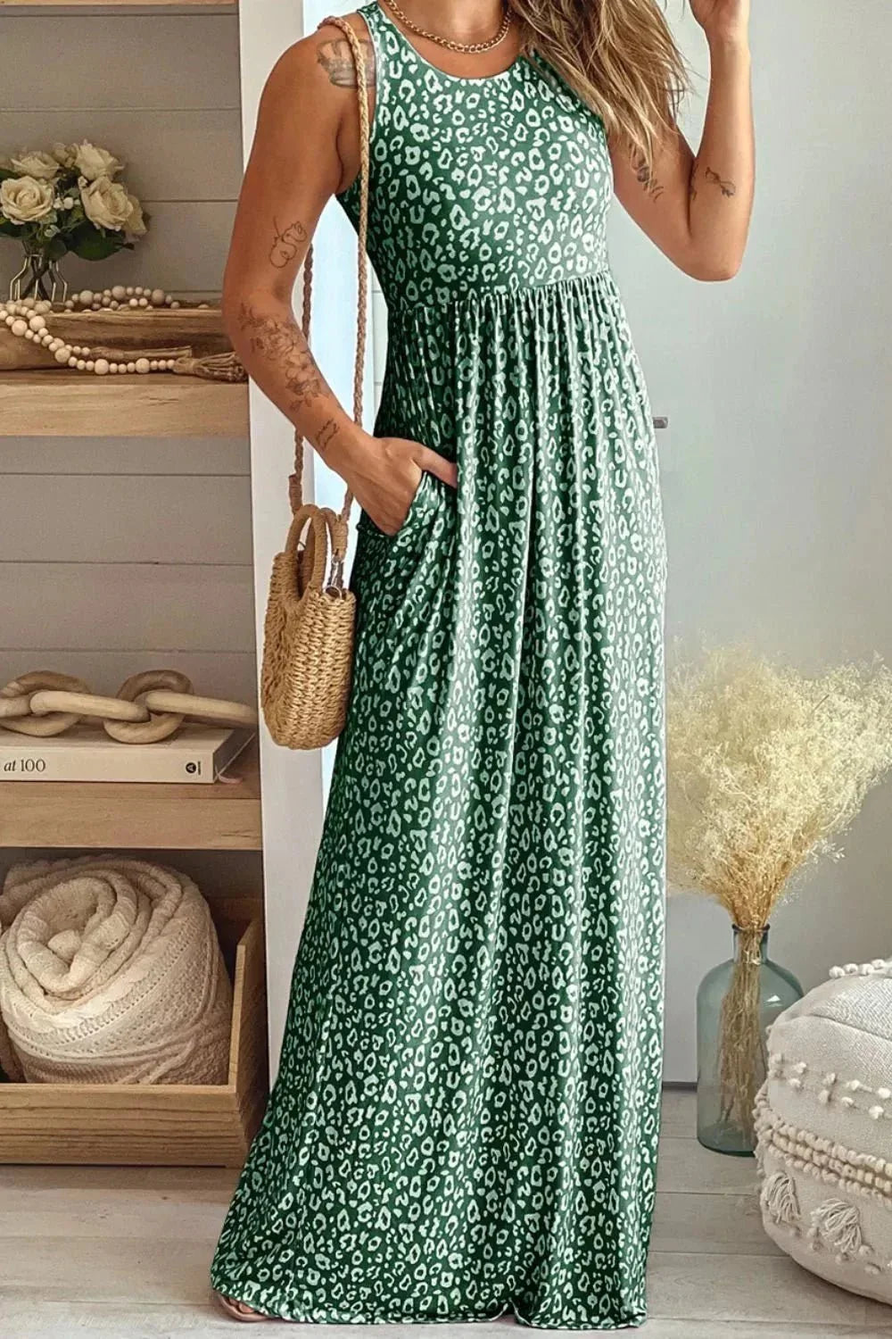 Leopard Round Neck Sleeveless Maxi Dress - VILLA FASHION