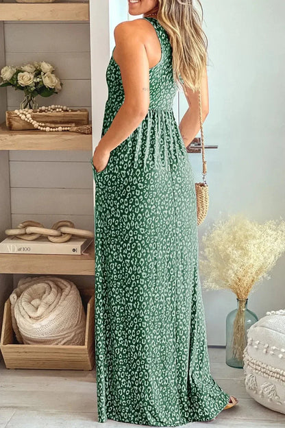 Leopard Round Neck Sleeveless Maxi Dress - VILLA FASHION