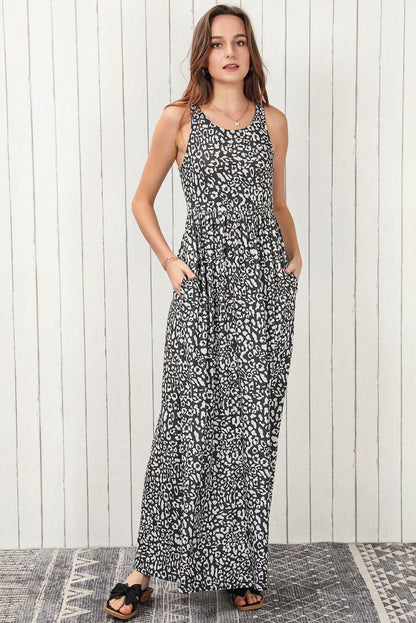 Leopard Round Neck Sleeveless Maxi Dress - VILLA FASHION