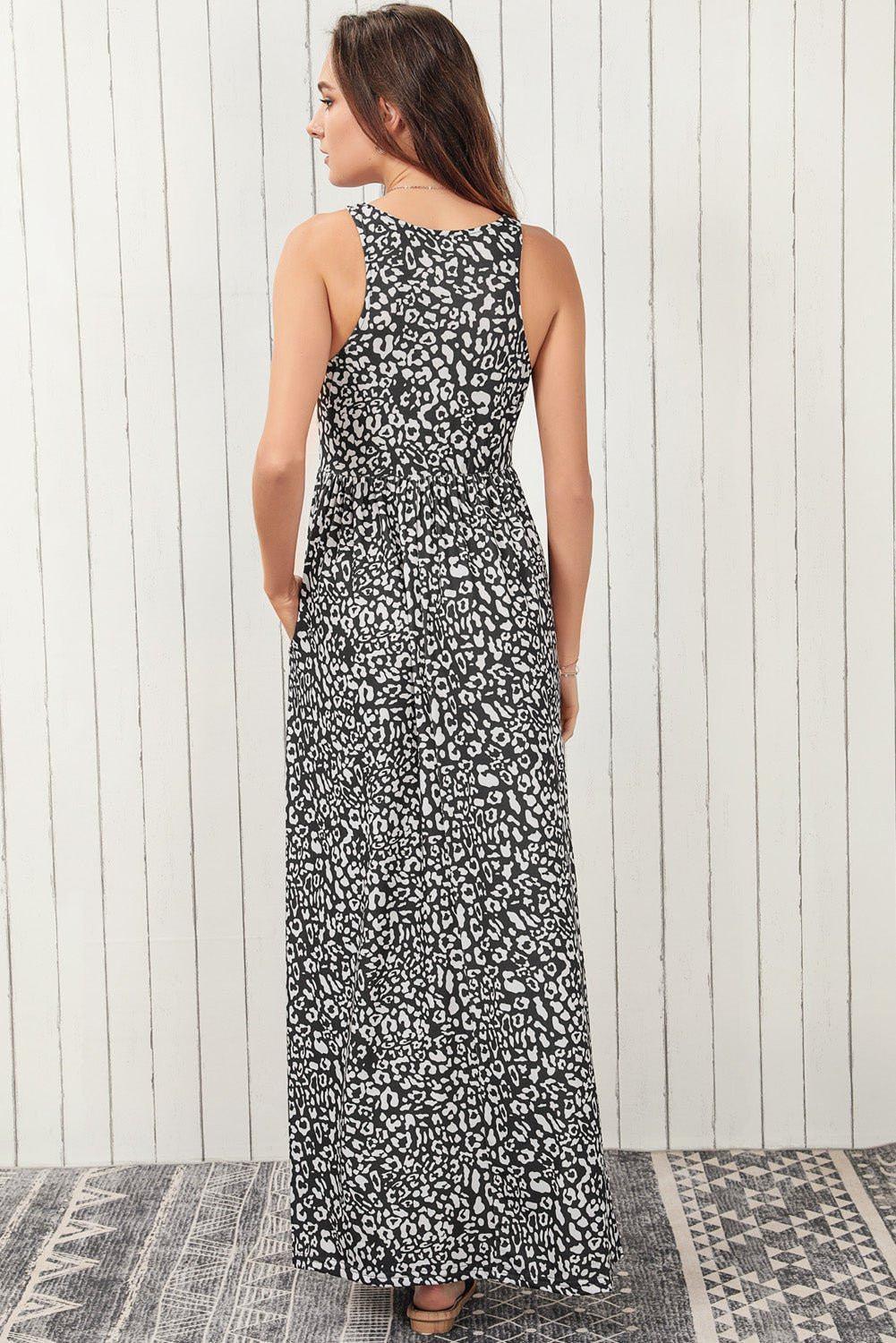 Leopard Round Neck Sleeveless Maxi Dress - VILLA FASHION
