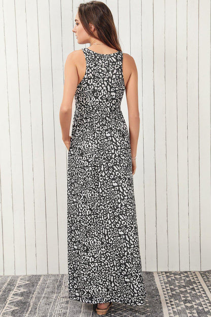 Leopard Round Neck Sleeveless Maxi Dress - VILLA FASHION