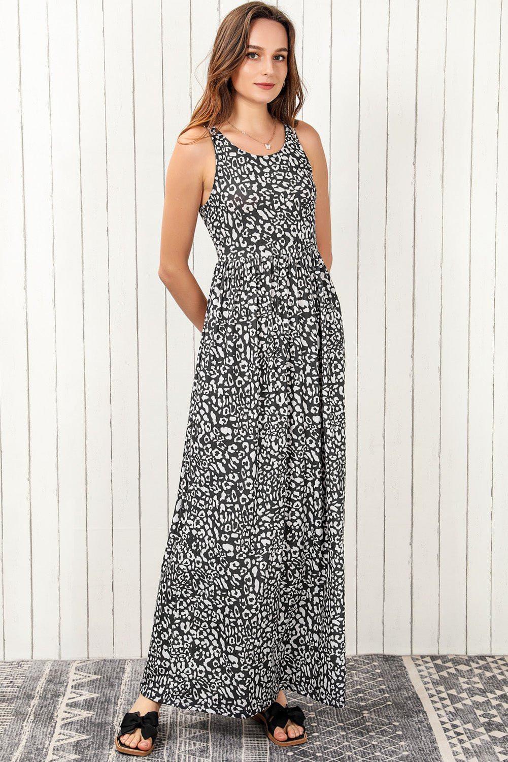 Leopard Round Neck Sleeveless Maxi Dress - VILLA FASHION