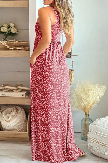 Leopard Round Neck Sleeveless Maxi Dress - VILLA FASHION