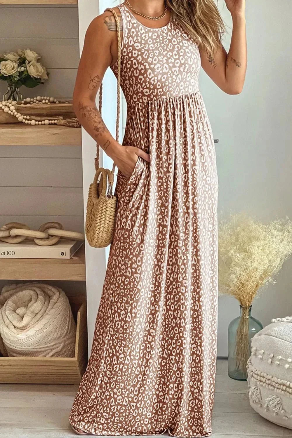 Leopard Round Neck Sleeveless Maxi Dress - VILLA FASHION