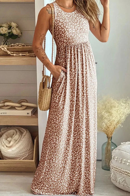 Leopard Round Neck Sleeveless Maxi Dress - VILLA FASHION