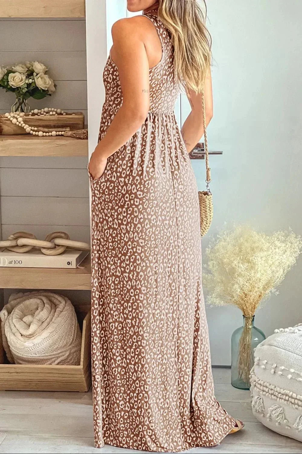 Leopard Round Neck Sleeveless Maxi Dress - VILLA FASHION