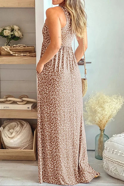 Leopard Round Neck Sleeveless Maxi Dress - VILLA FASHION