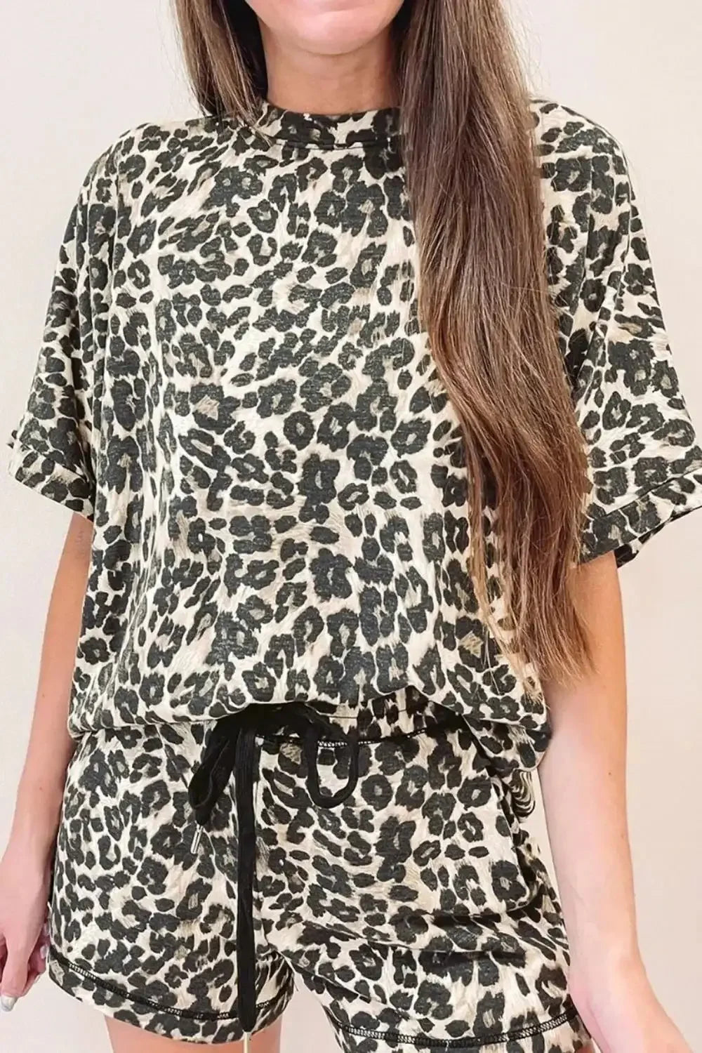 Leopard Round Neck Top and Shorts Set - VILLA FASHION