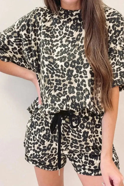 Leopard Round Neck Top and Shorts Set - VILLA FASHION