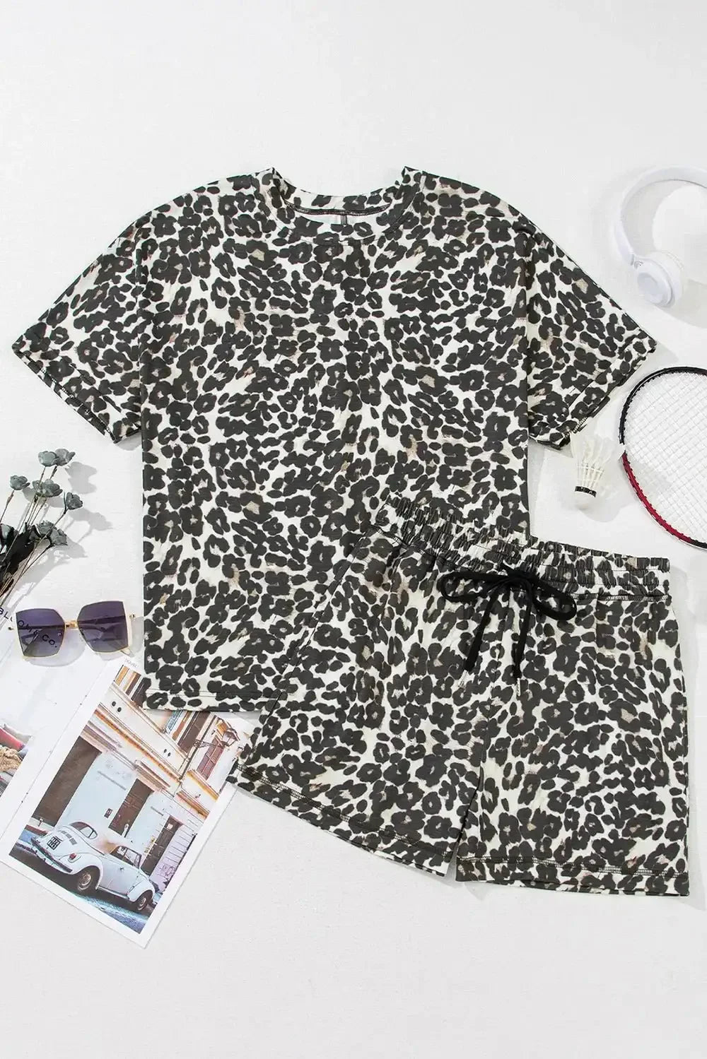 Leopard Round Neck Top and Shorts Set - VILLA FASHION