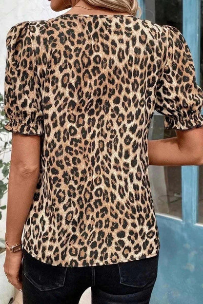 Leopard Ruffled Neck Cascading Puff Short Sleeve Top - VILLA FASHION