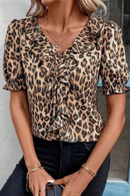 Leopard Ruffled Neck Cascading Puff Short Sleeve Top - VILLA FASHION