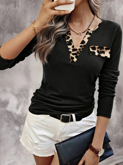 Leopard Trim Long Sleeve T-Shirt - VILLA FASHION