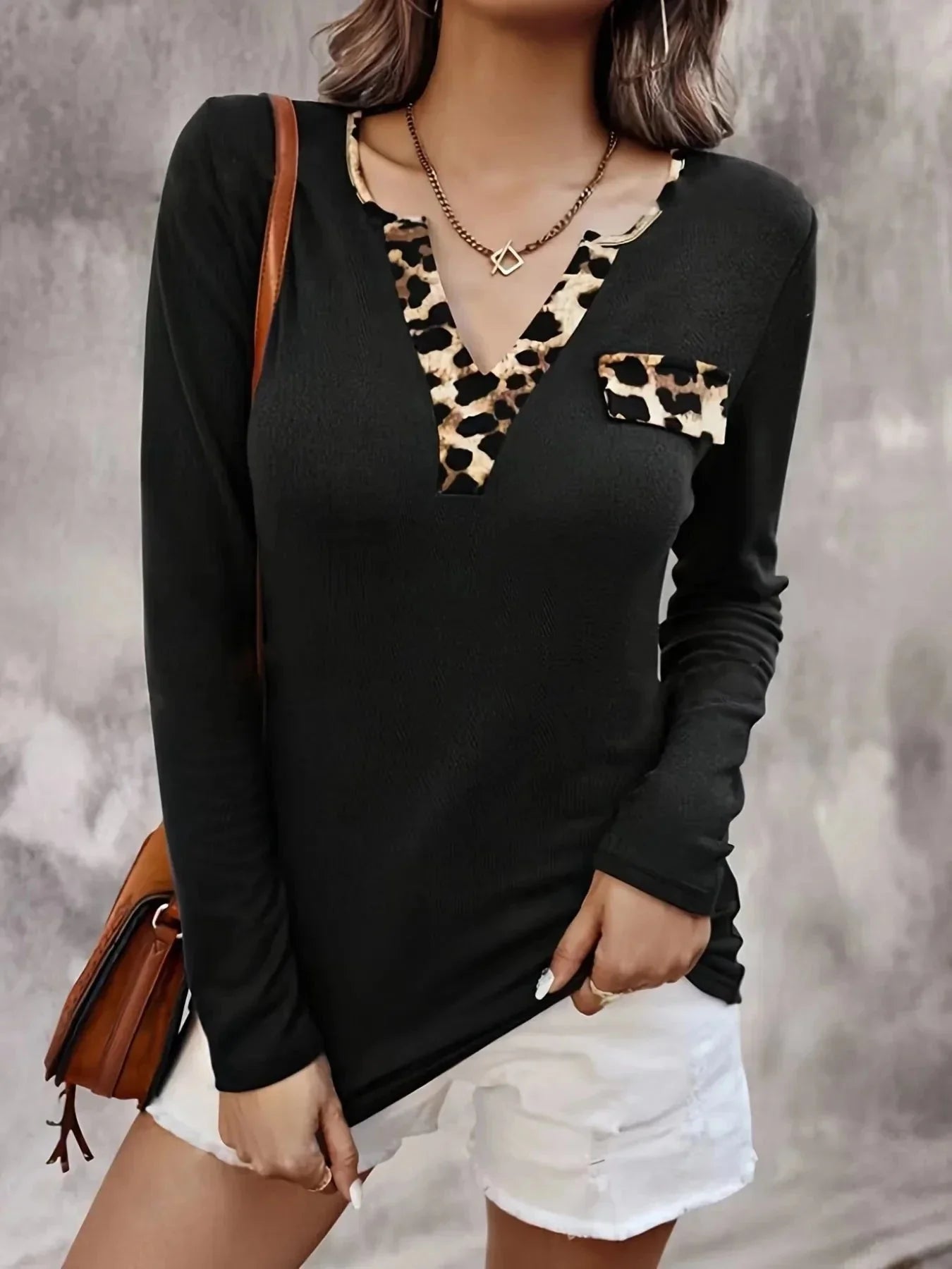 Leopard Trim Long Sleeve T-Shirt - VILLA FASHION