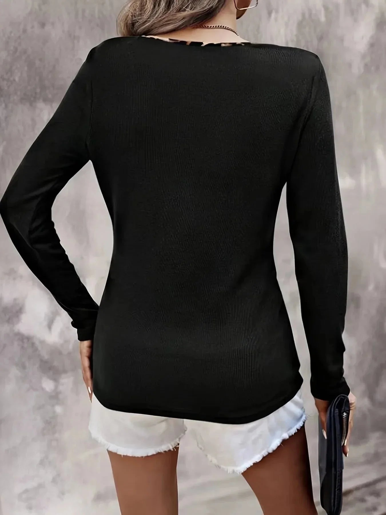 Leopard Trim Long Sleeve T-Shirt - VILLA FASHION