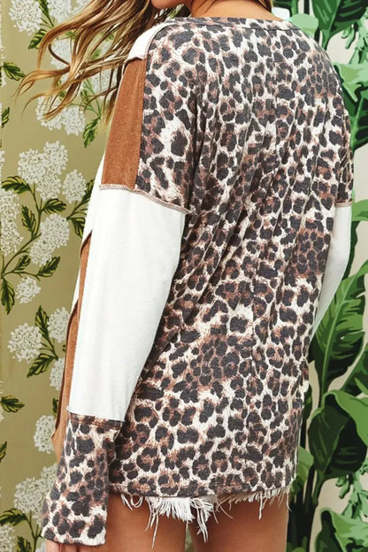 Leopard V - Neck Dropped Shoulder Blouse - VILLA FASHION