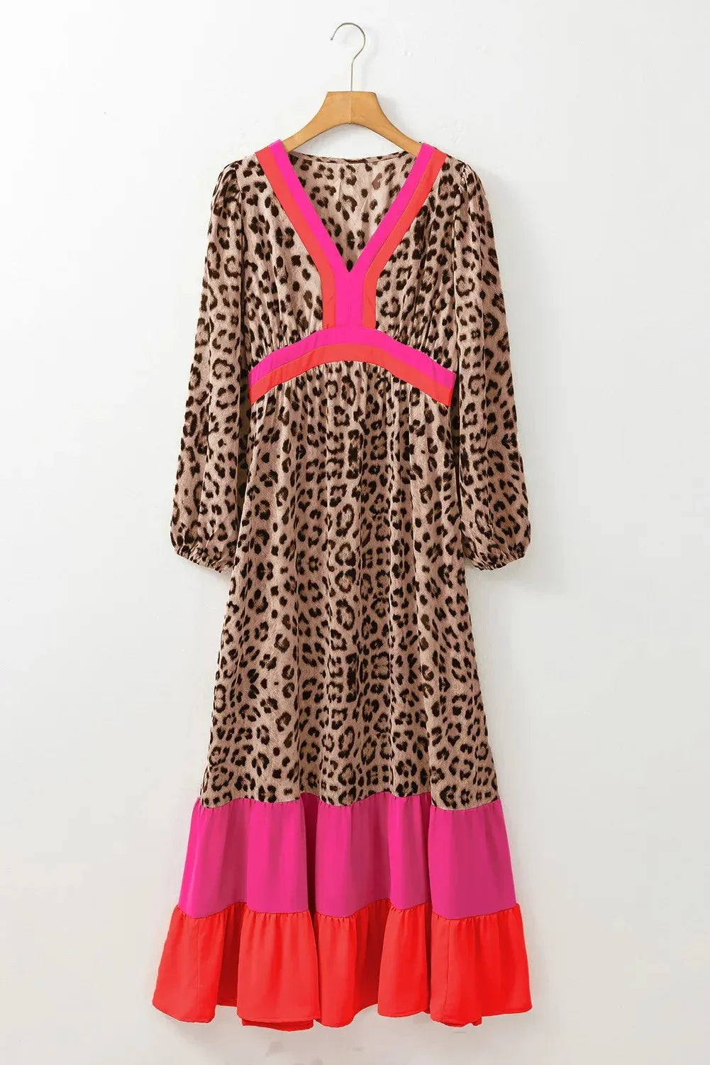 Leopard V - Neck Long Sleeve Maxi Dress - VILLA FASHION