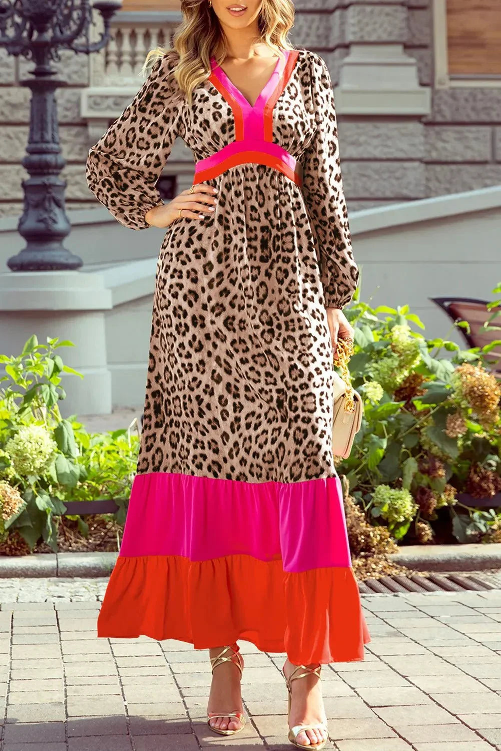 Leopard V - Neck Long Sleeve Maxi Dress - VILLA FASHION