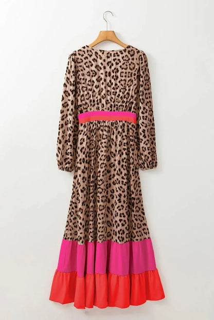 Leopard V - Neck Long Sleeve Maxi Dress - VILLA FASHION