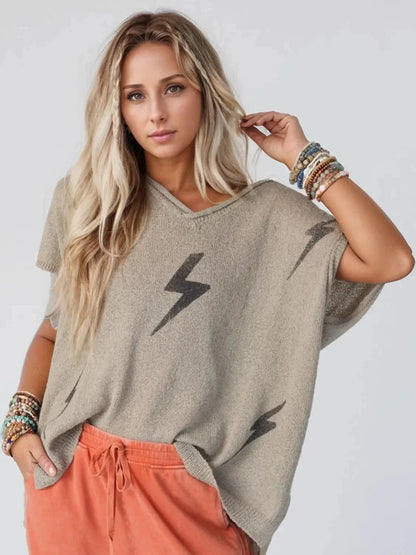 Lightning V - Neck Short Sleeve Knit Top - VILLA FASHION