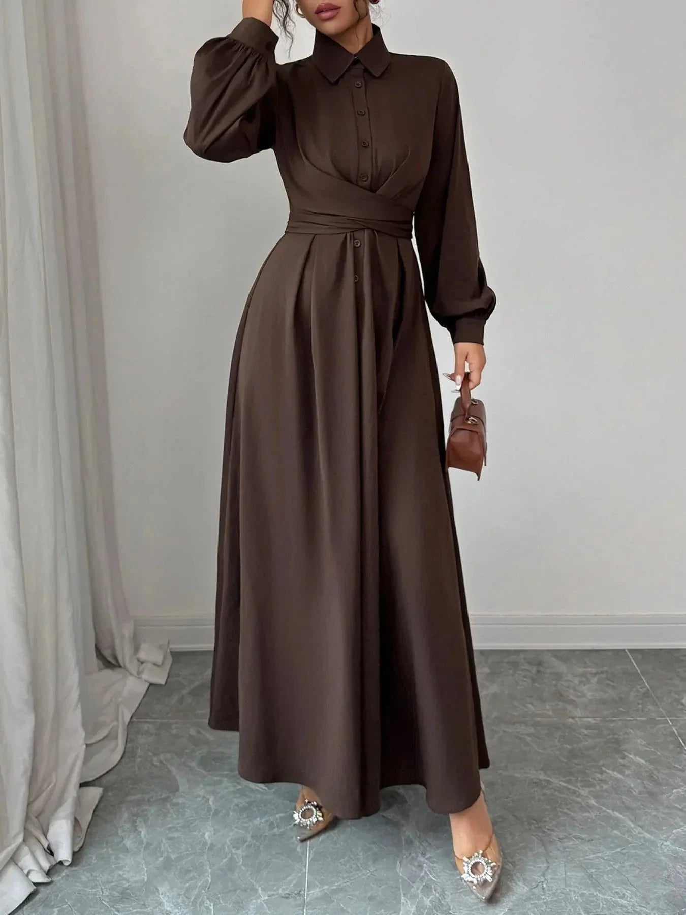 Long Sleeve Maxi Shirt Dress - VILLA FASHION