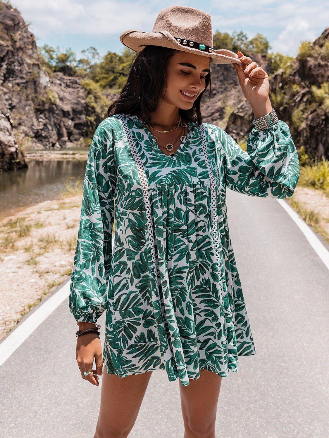 Long Sleeve V - Neck Mini Dress - VILLA FASHION