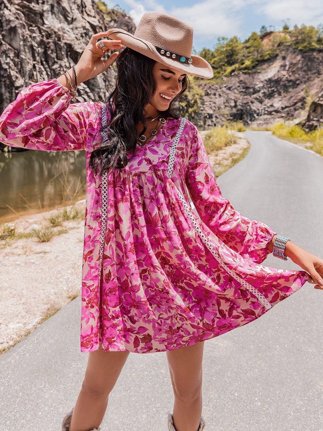 Long Sleeve V - Neck Mini Dress - VILLA FASHION