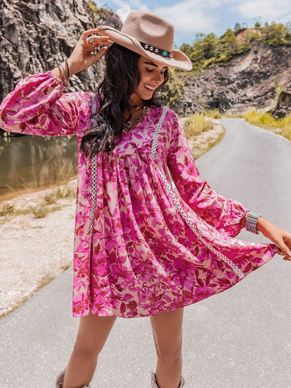 Long Sleeve V - Neck Mini Dress - VILLA FASHION