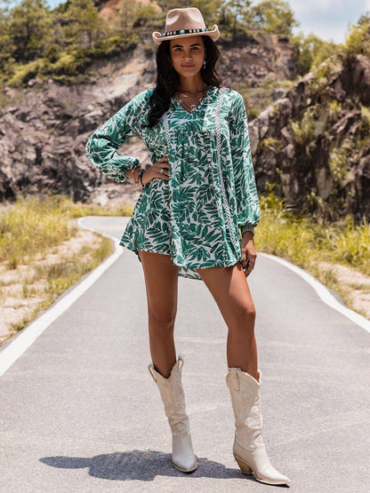 Long Sleeve V - Neck Mini Dress - VILLA FASHION