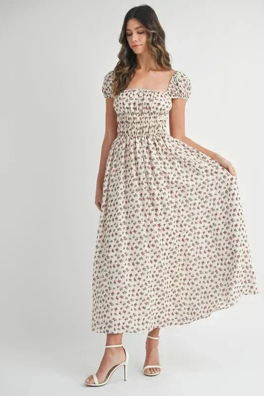 MABLE Floral Print Puff Sleeve Gathered Midi Dress - VILLA FASHION