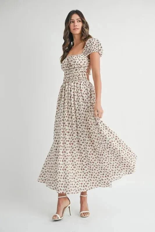 MABLE Floral Print Puff Sleeve Gathered Midi Dress - VILLA FASHION
