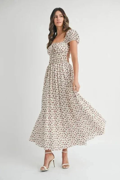 MABLE Floral Print Puff Sleeve Gathered Midi Dress - VILLA FASHION