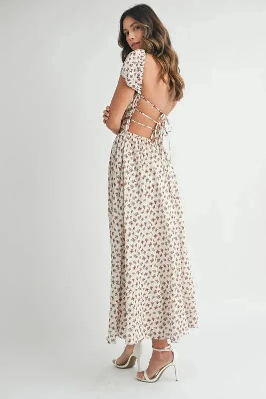 MABLE Floral Print Puff Sleeve Gathered Midi Dress - VILLA FASHION