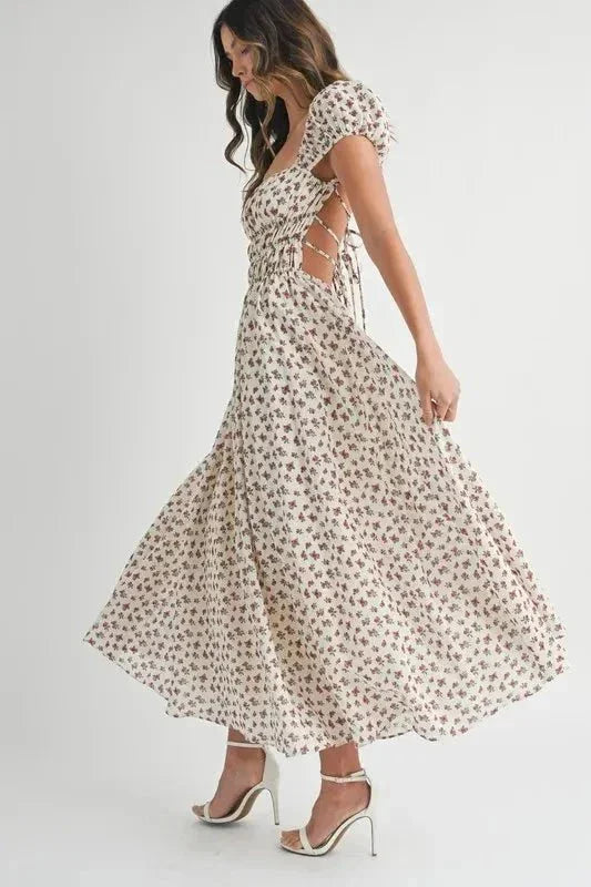 MABLE Floral Print Puff Sleeve Gathered Midi Dress - VILLA FASHION
