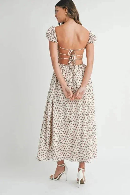 MABLE Floral Print Puff Sleeve Gathered Midi Dress - VILLA FASHION