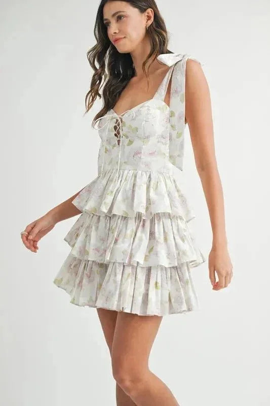 MABLE Floral Print Shoulder Tie Layered Mini Dress - VILLA FASHION