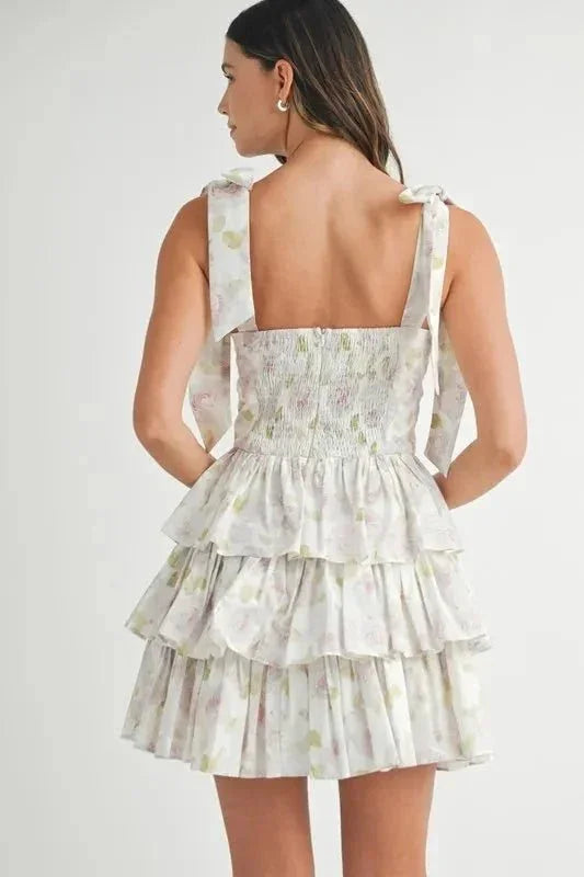 MABLE Floral Print Shoulder Tie Layered Mini Dress - VILLA FASHION