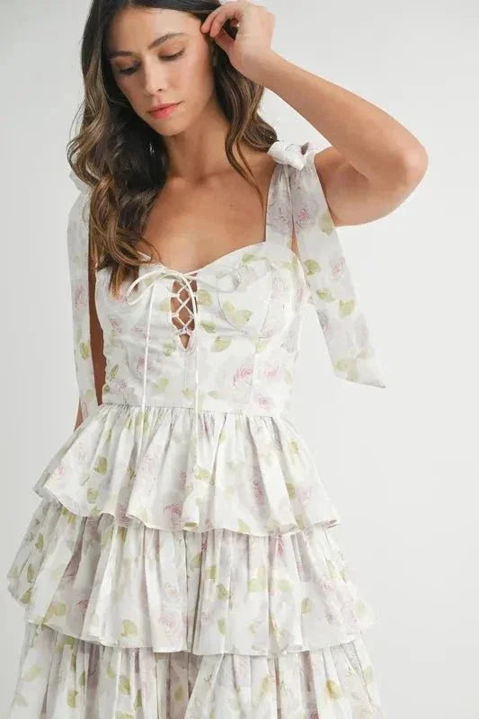 MABLE Floral Print Shoulder Tie Layered Mini Dress - VILLA FASHION