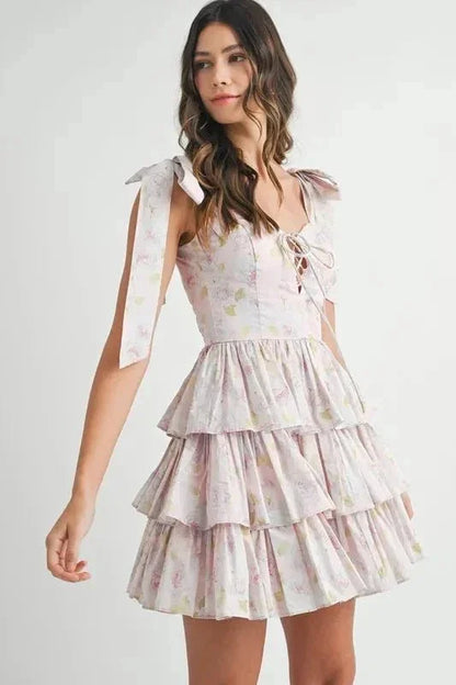 MABLE Floral Print Shoulder Tie Layered Mini Dress - VILLA FASHION