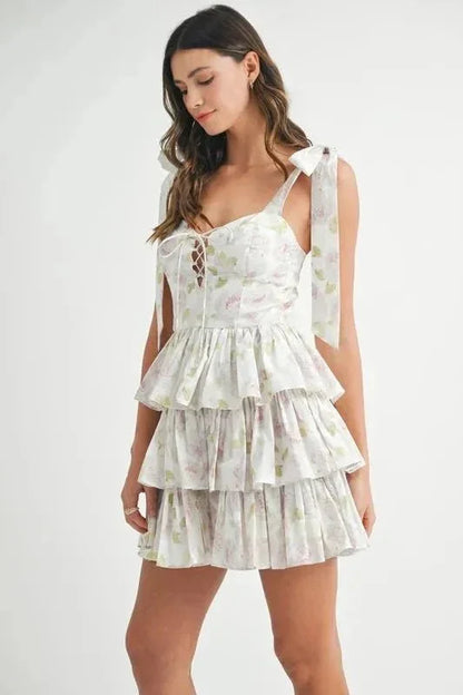 MABLE Floral Print Shoulder Tie Layered Mini Dress - VILLA FASHION