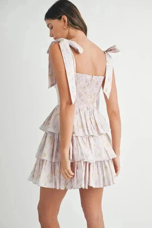 MABLE Floral Print Shoulder Tie Layered Mini Dress - VILLA FASHION