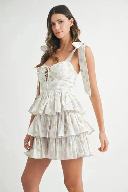MABLE Floral Print Shoulder Tie Layered Mini Dress - VILLA FASHION
