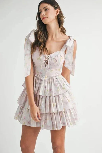 MABLE Floral Print Shoulder Tie Layered Mini Dress - VILLA FASHION